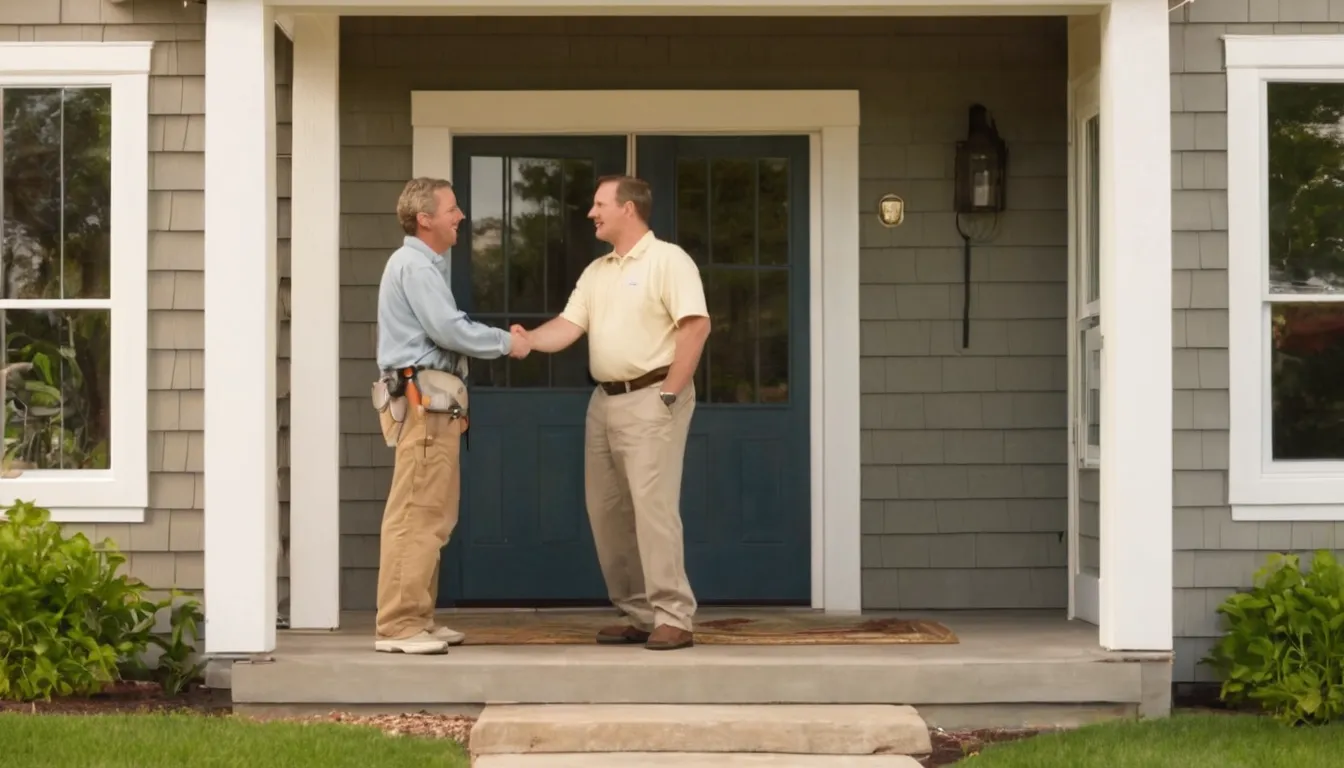 A homeowner talking with a pest provider at the front door of a house in Bloomfield