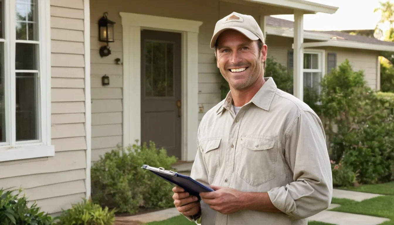 A friendly pest control provider talking with a homeowner at the front door of a house in Bloomfield